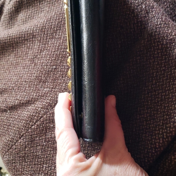 NWT Badgley Mischka Black Leather Gold Studded Wallet Clutch Ann Shine 7.5"x4" - Picture 10 of 16